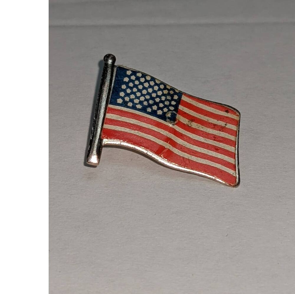 Vintage Tin American Flag Pin Sticker Front United States Red White